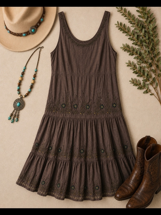 Dresses & Skirts - Vintage Brown Embroidered Boho Prairie Dress 18ptp